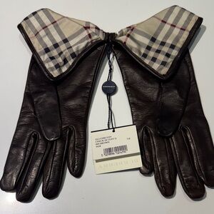 Burberry Dark Brown Leather Gloves with Check Trim